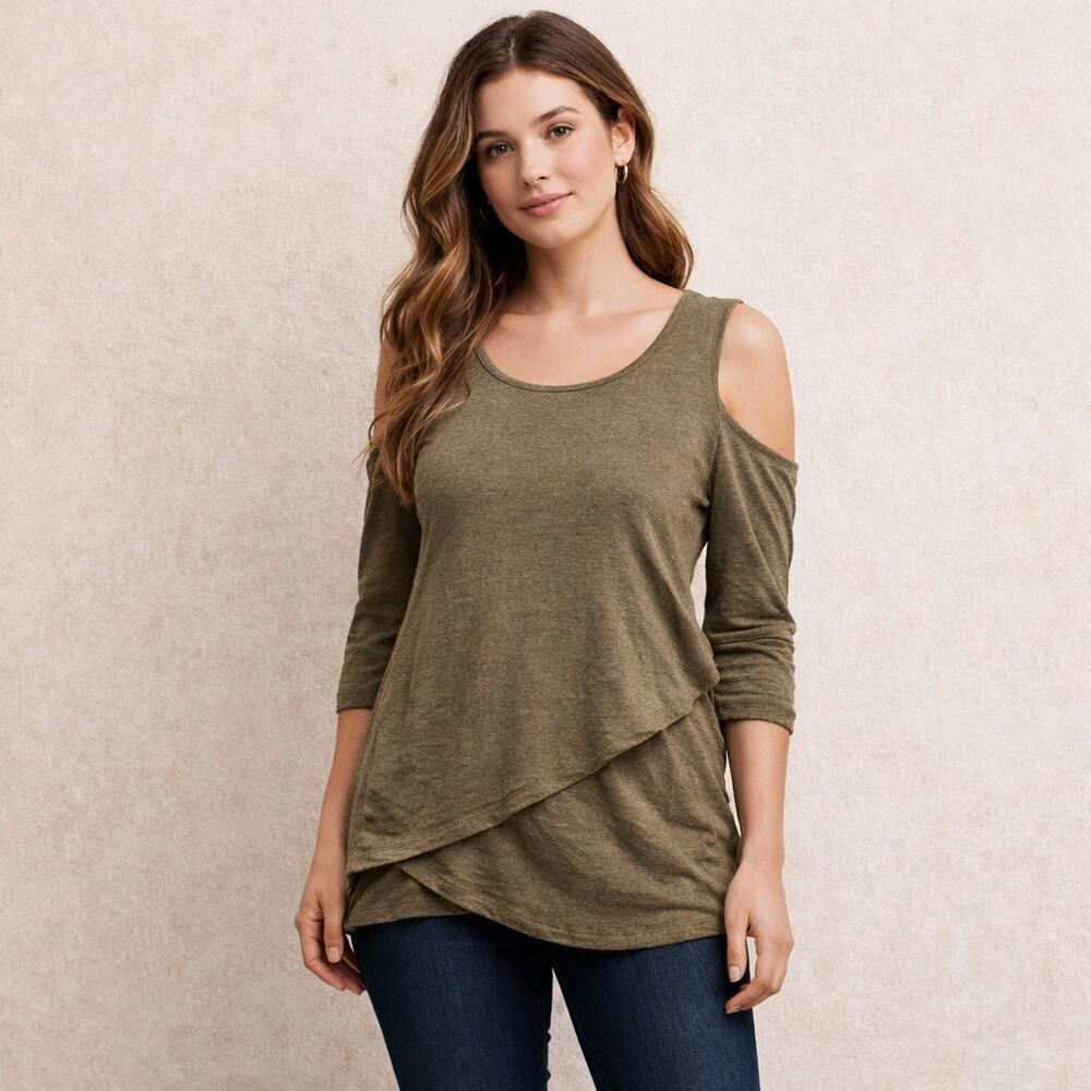 Neiman Marcus Olive Green Cut-Out Sleeve Sweater Size M